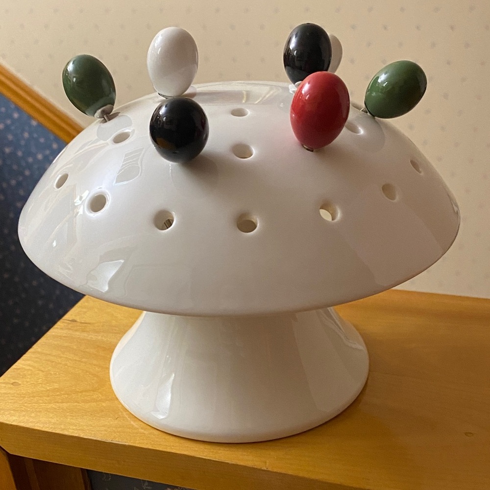 Vintage White Ceramic Mushroom with Colorful Picks.